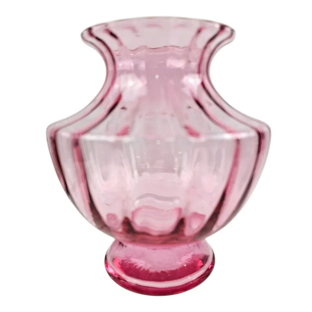 Vintage Pilgrim Glass Pink Depression Glass Ribbed  Vase Flared Ruffle Rim 6.25